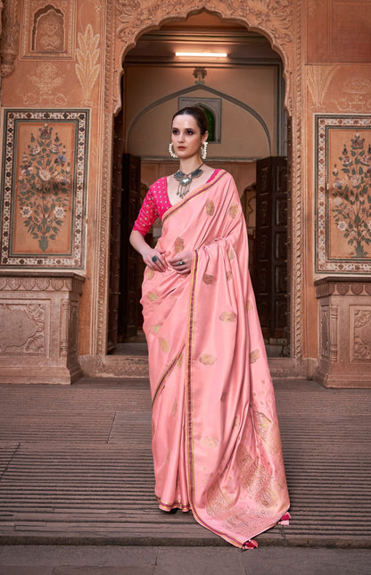Peach Pure Sattin silk With Zari Weaving Saree With Blouse