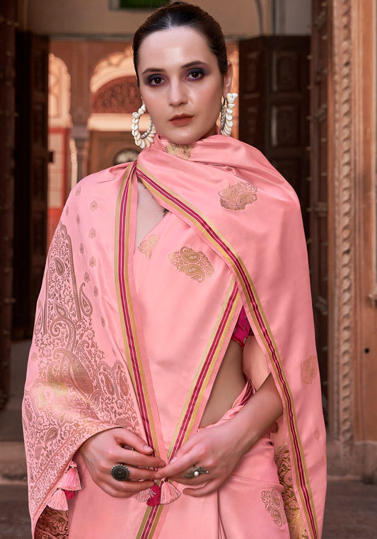 Peach Pure Sattin silk With Zari Weaving Saree With Blouse