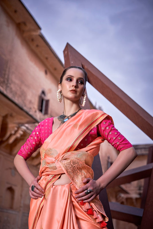 Orange Pure Sattin silk With Zari Weaving Saree With Blouse