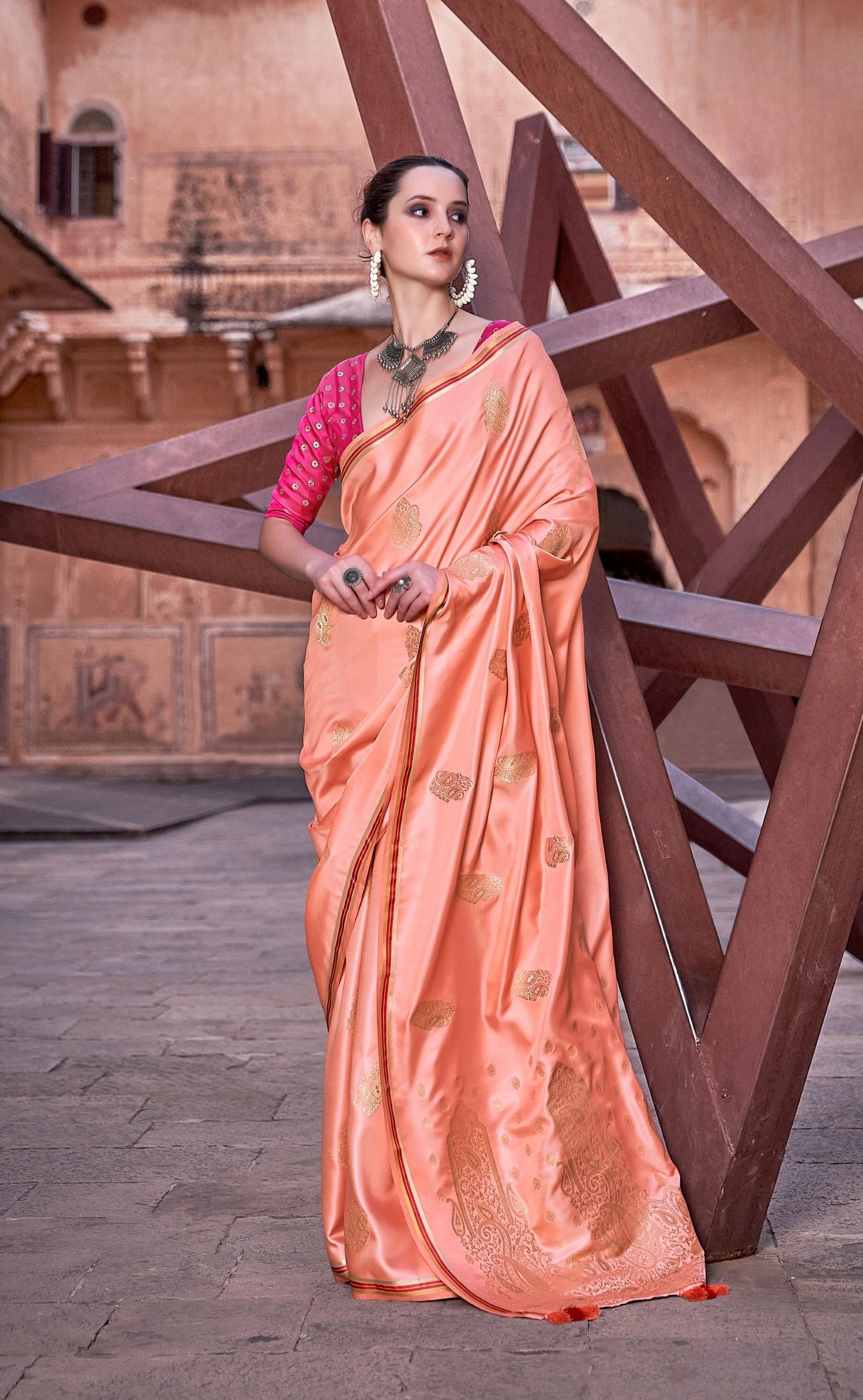 Orange Pure Sattin silk With Zari Weaving Saree With Blouse