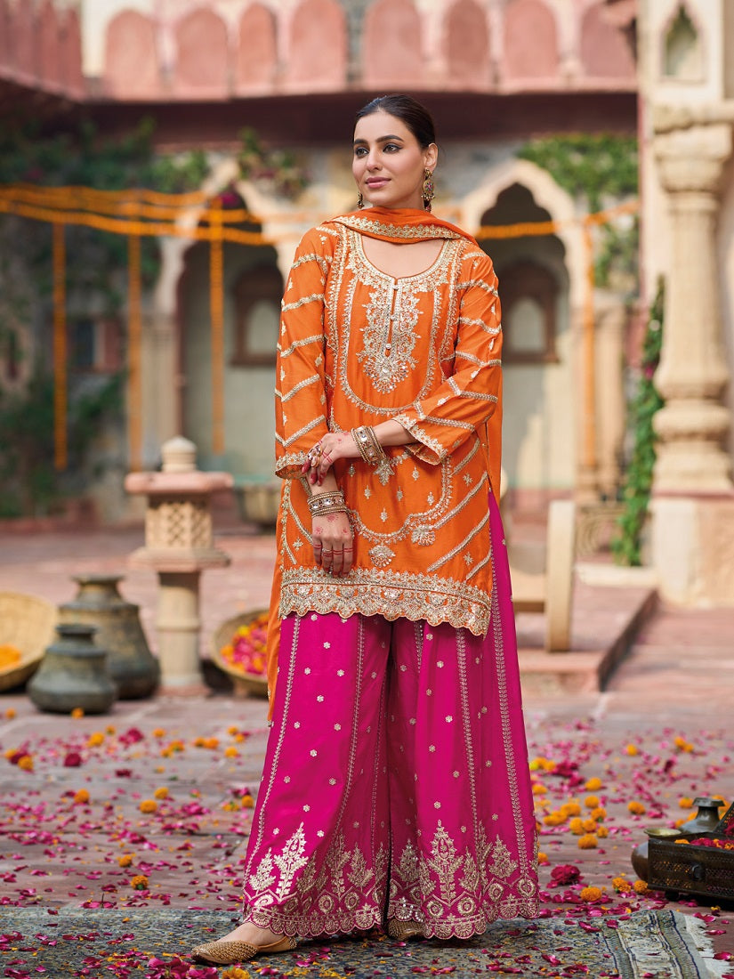 Orange and Magenta Chinon Silk with Embroidered and Sequence work Palazzo Suit