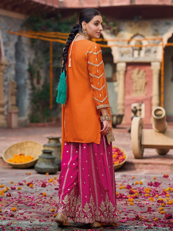 Orange and Magenta Chinon Silk with Embroidered and Sequence work Palazzo Suit