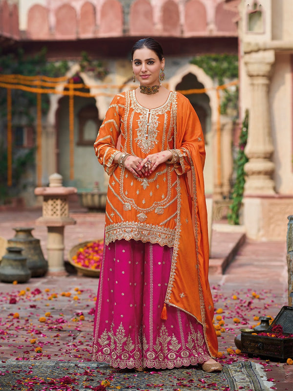 Orange and Magenta Chinon Silk with Embroidered and Sequence work Palazzo Suit