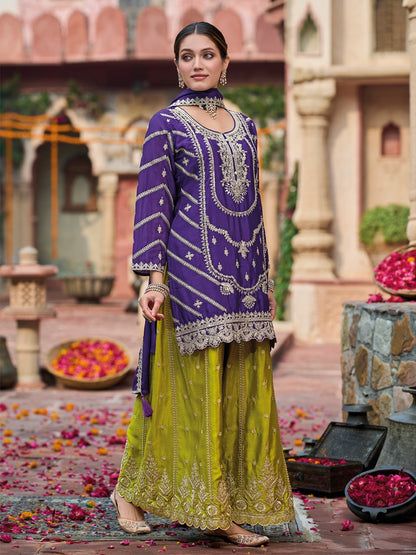 Purple and Parotgreen Chinon Silk with Embroidered and Sequence work Palazzo Suit