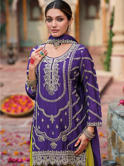 Purple and Parotgreen Chinon Silk with Embroidered and Sequence work Palazzo Suit