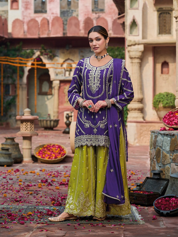 Purple and Parotgreen Chinon Silk with Embroidered and Sequence work Palazzo Suit