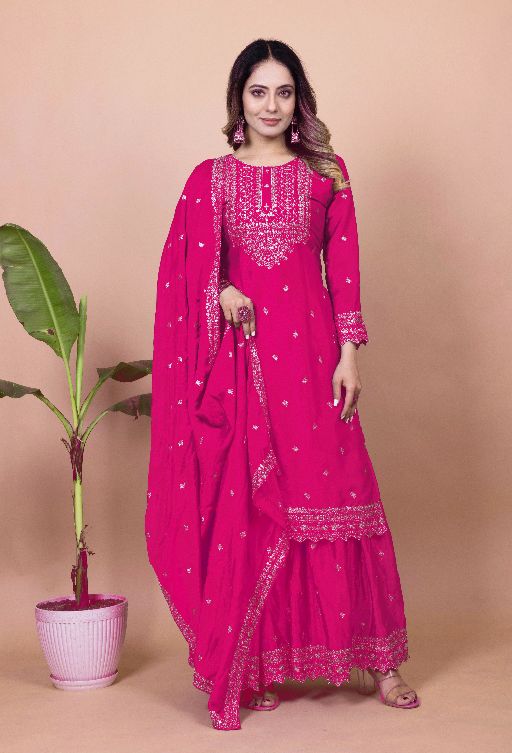 Women's Chinon fabric Embroidery work Kurta with Sharara and Dupatta set