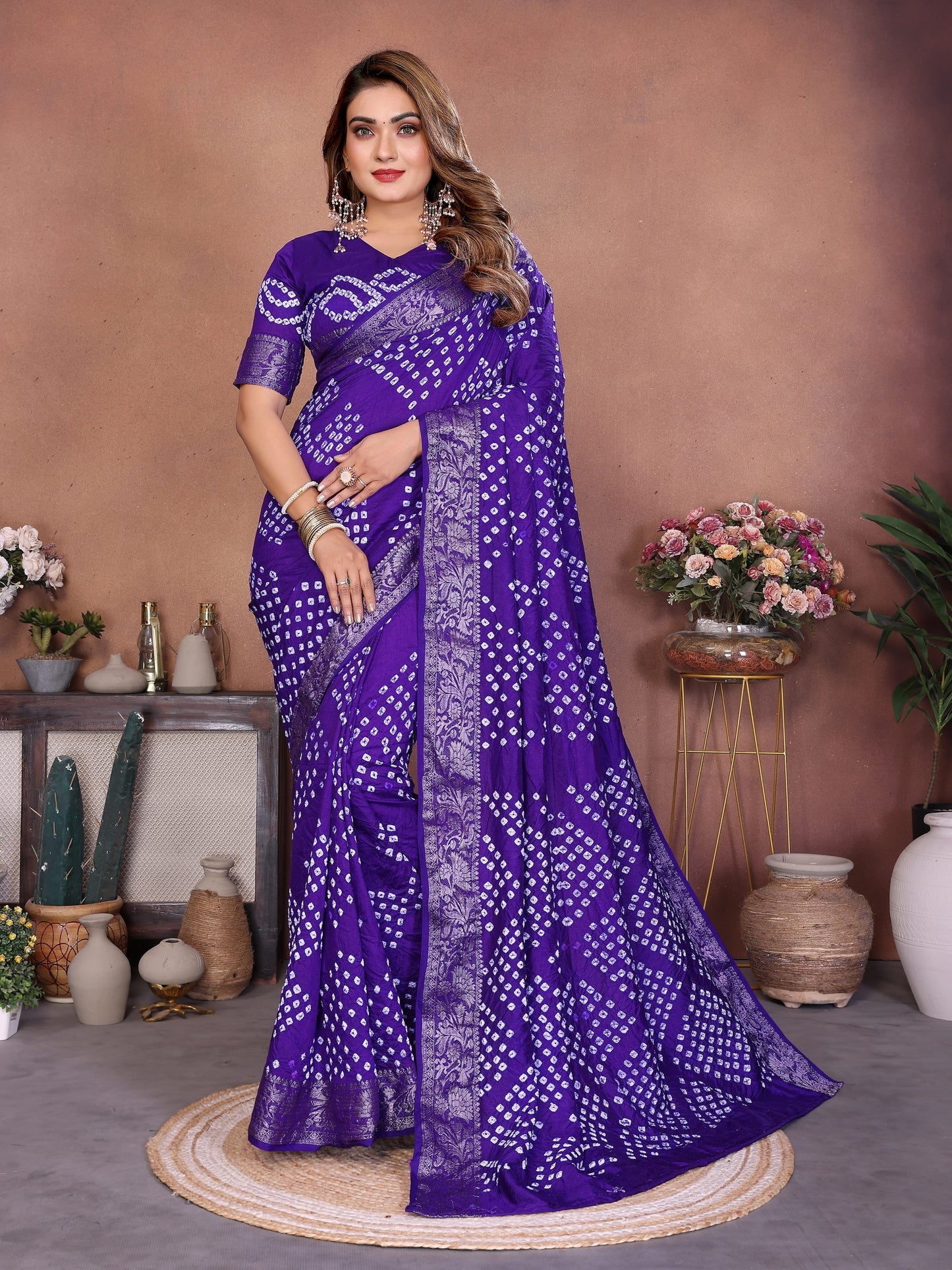 Blue Handmade Bhandhej Viscos Silk Saree With Blouse