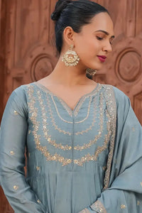 Women's Gorgeous Vichitra Silk Fabric Embroidery Work Flared Anarkali Pant and Dupatta Set 39