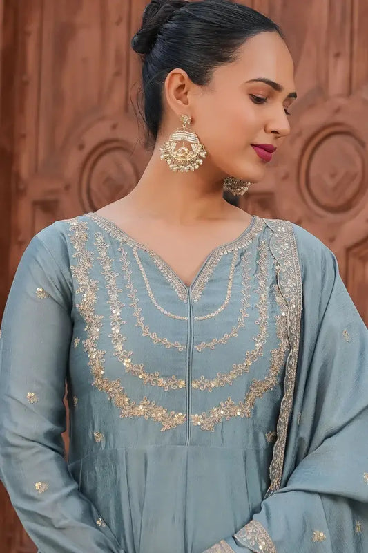 Women's Gorgeous Vichitra Silk Fabric Embroidery Work Flared Anarkali Pant and Dupatta Set 39