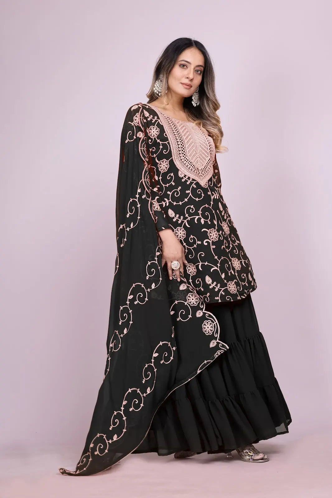 Women's Fox Georgette fabric Embroidery work Kurta with Sharara and Dupatta set 71 Black