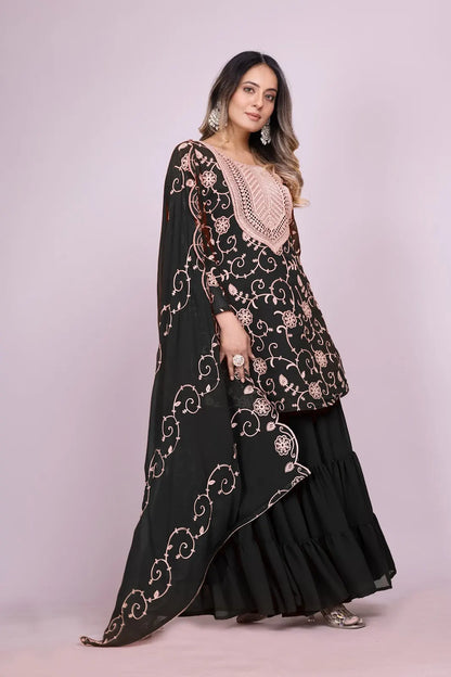 Women's Fox Georgette fabric Embroidery work Kurta with Sharara and Dupatta set 71 Black