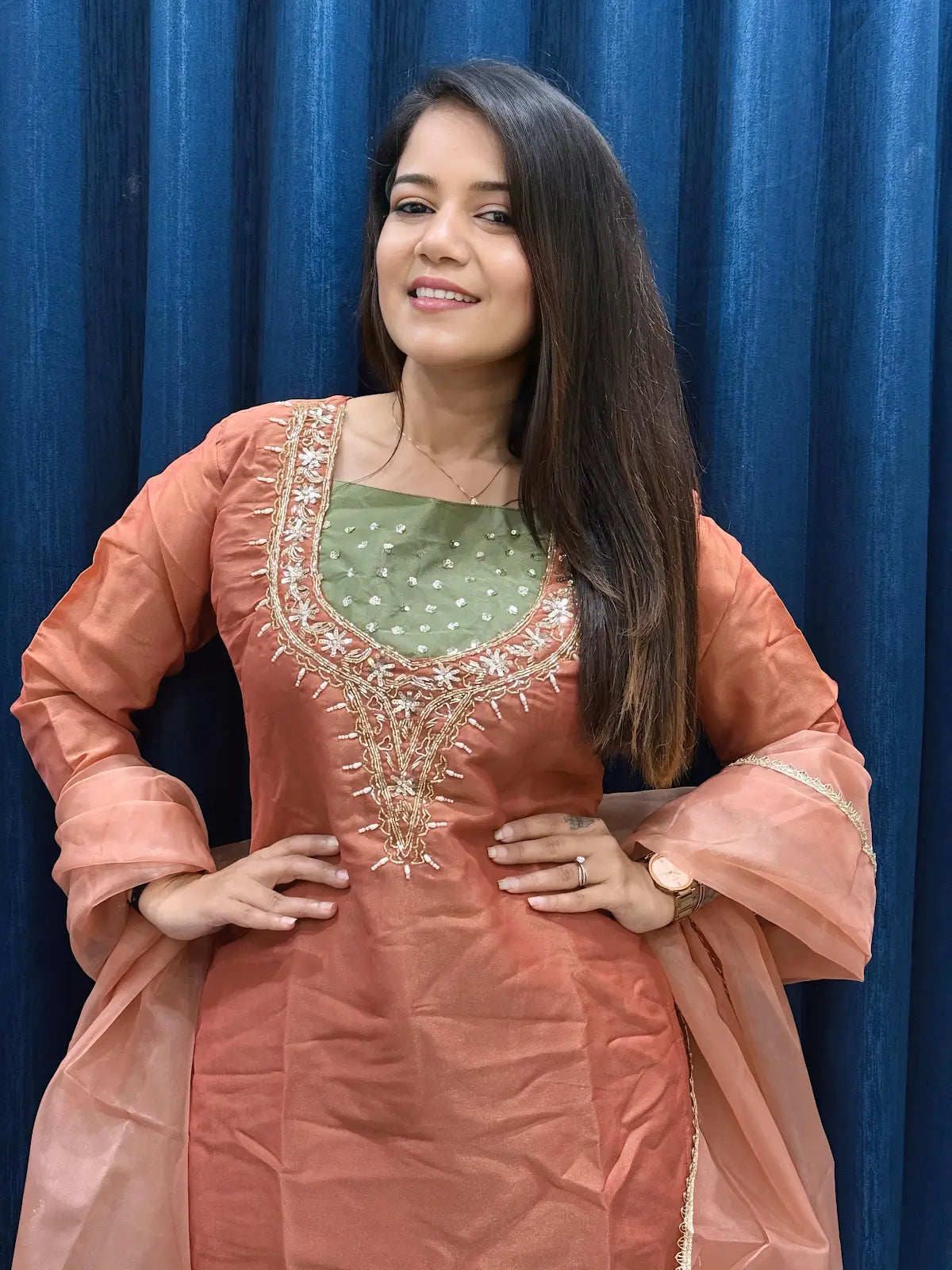 Dark Peach Roman Shimmer Readymade Kurti Set with Handwork & Moti Work