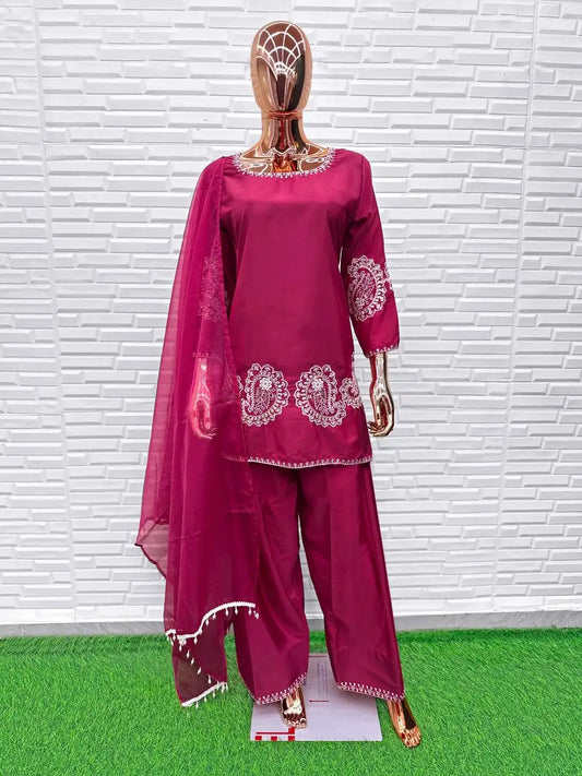 Red Crape Readymade Salwar Suit with Embroidery Work