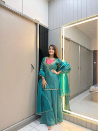 Sky-Blue Roman Shimmer Readymade Kurti Set with Handwork & Moti Work