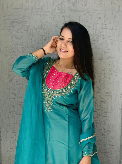 Sky-Blue Roman Shimmer Readymade Kurti Set with Handwork & Moti Work