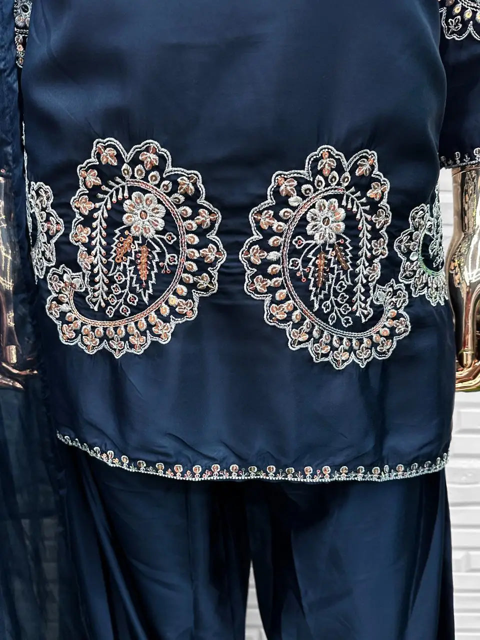 Navy-Blue Crape Readymade Salwar Suit with Embroidery Work