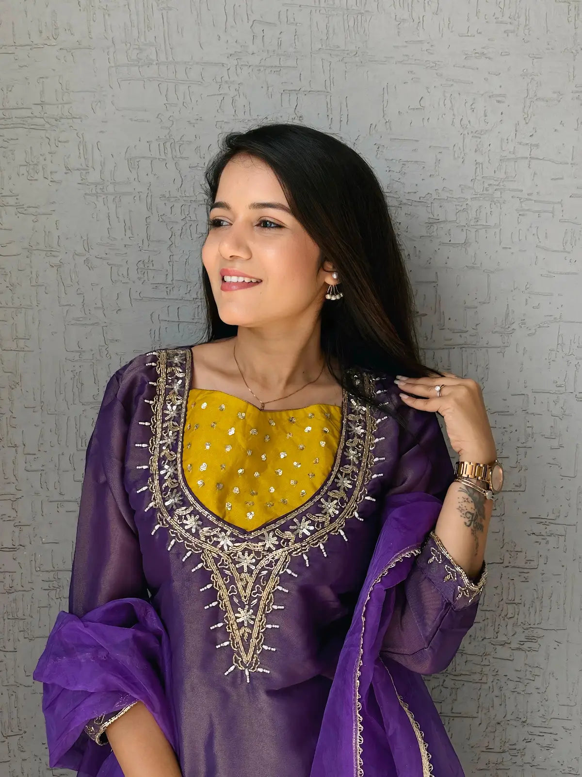 Purple Roman Shimmer Readymade Kurti Set with Handwork & Moti Work