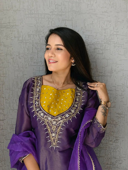 Purple Roman Shimmer Readymade Kurti Set with Handwork & Moti Work