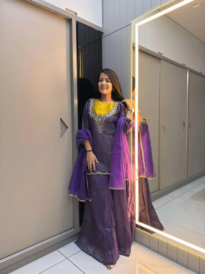 Purple Roman Shimmer Readymade Kurti Set with Handwork & Moti Work