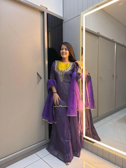 Purple Roman Shimmer Readymade Kurti Set with Handwork & Moti Work