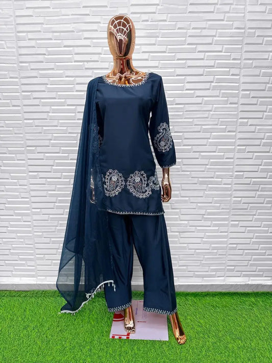 Navy-Blue Crape Readymade Salwar Suit with Embroidery Work