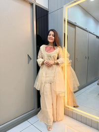 Cream Roman Shimmer Readymade Kurti Set with Handwork & Moti Work