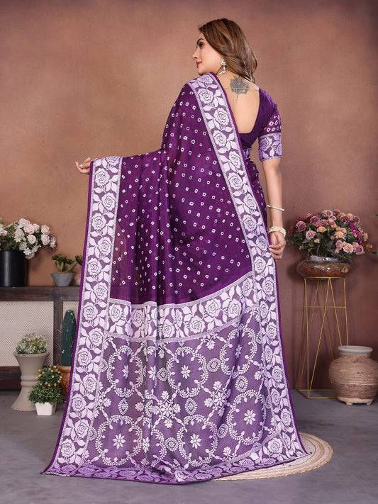 Dark Purple Handmade Bhandhej Viscos Silk Saree With Blouse