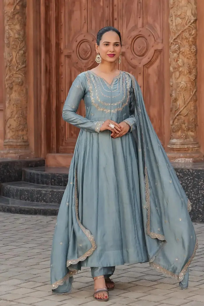 Women's Gorgeous Vichitra Silk Fabric Embroidery Work Flared Anarkali Pant and Dupatta Set 39
