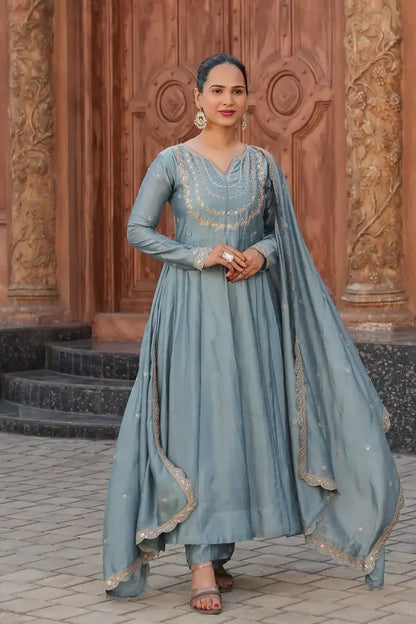 Women's Gorgeous Vichitra Silk Fabric Embroidery Work Flared Anarkali Pant and Dupatta Set 39