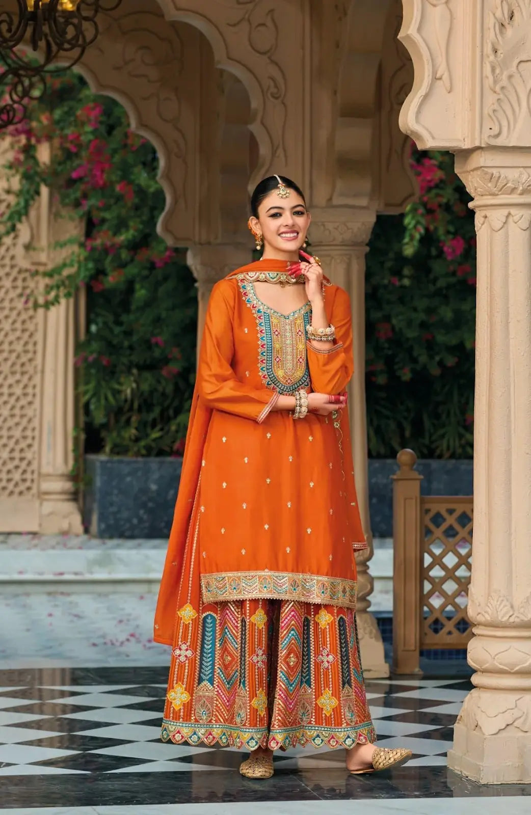 Orange Premium Embroidered Chinon Readymade Salwar Suit