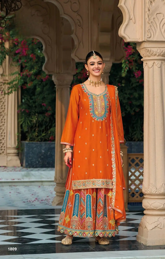 Orange Premium Embroidered Chinon Readymade Salwar Suit