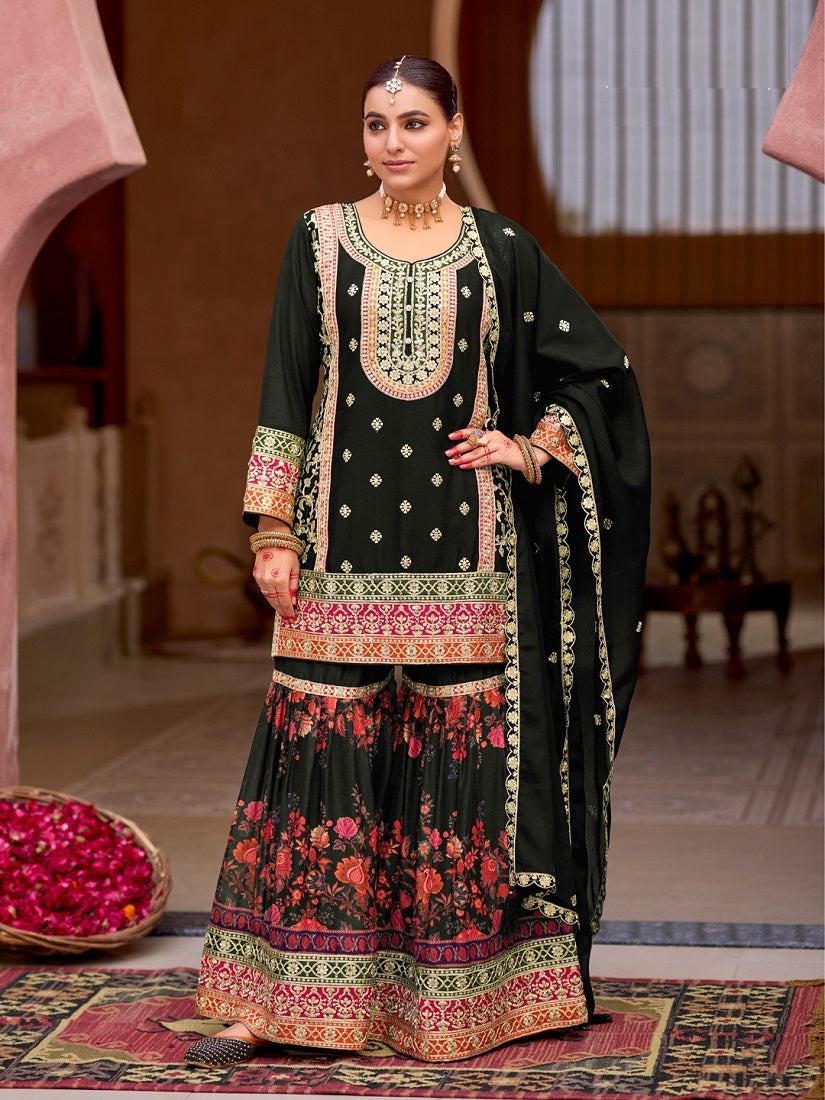 Black Chinon Silk with Codding Embroidery work with Digital Print Sharara Suit