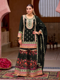 Black Chinon Silk with Codding Embroidery work with Digital Print Sharara Suit