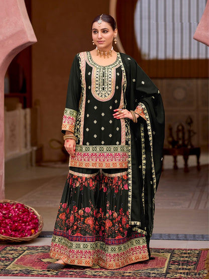 Black Chinon Silk with Codding Embroidery work with Digital Print Sharara Suit