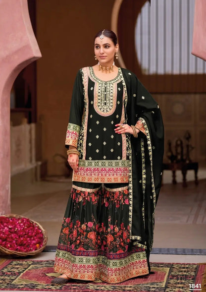 Black Chinon Embroidered Readymade Salwar Suit (Free Size)