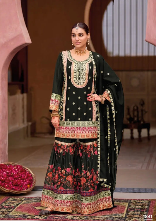 Black Chinon Embroidered Readymade Salwar Suit (Free Size)