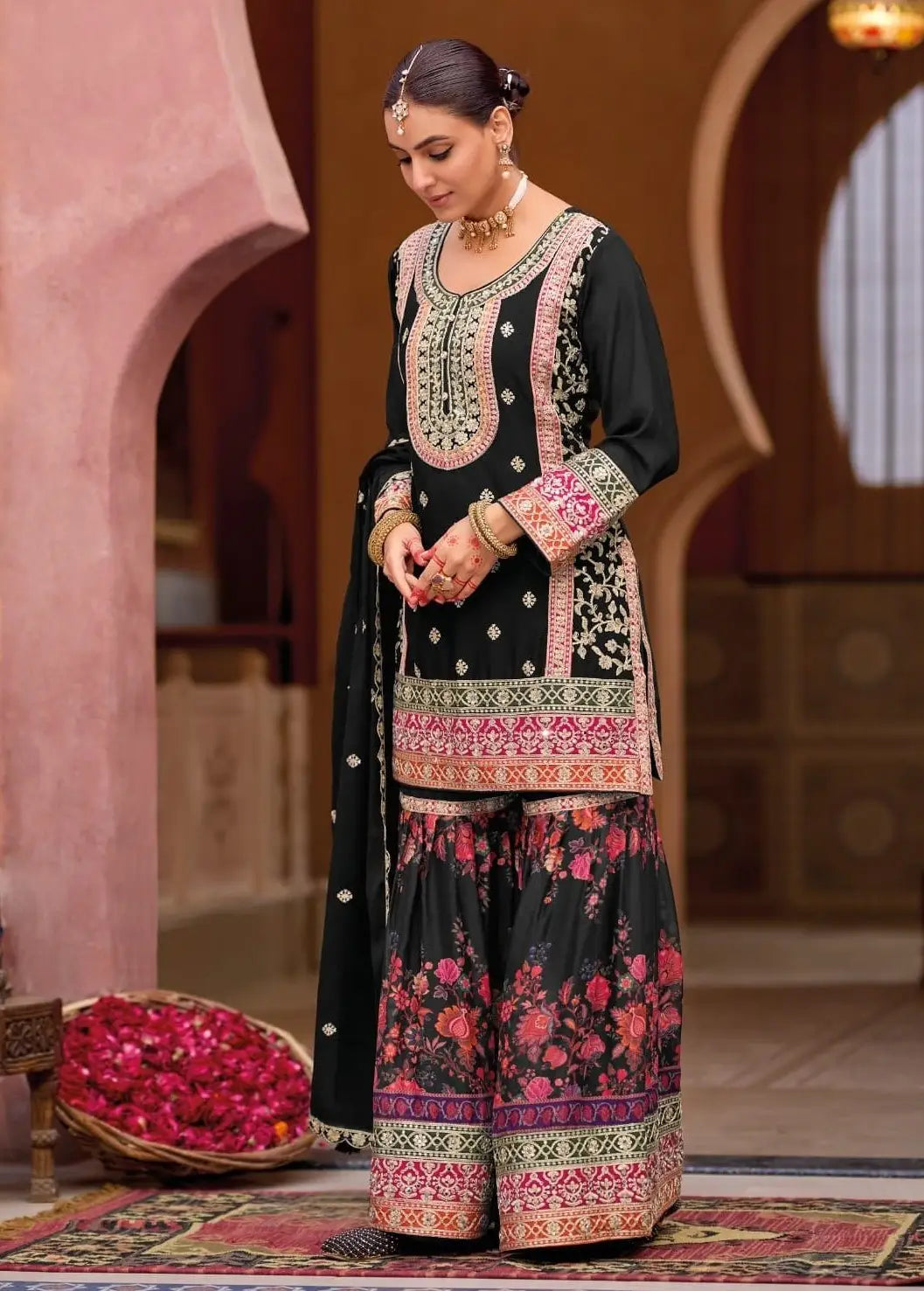 Black Chinon Embroidered Readymade Salwar Suit (Free Size)