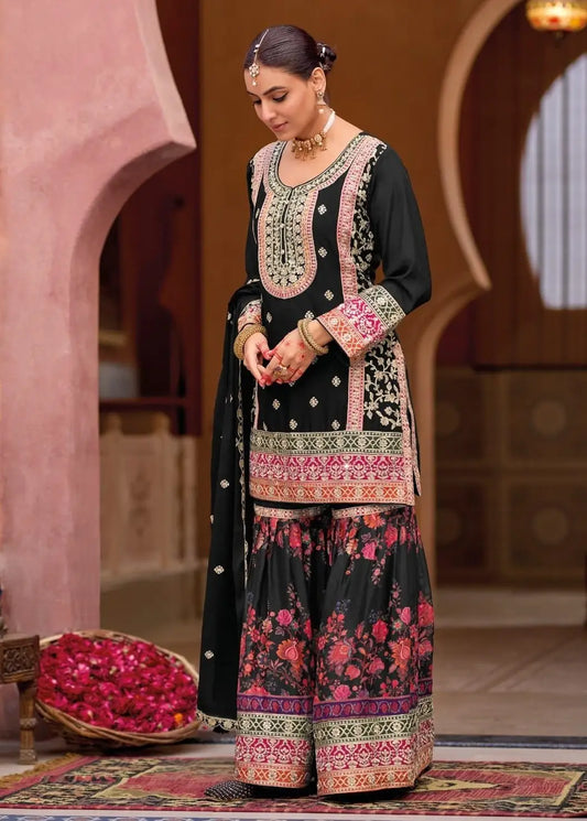 Black Chinon Embroidered Readymade Salwar Suit (Free Size)