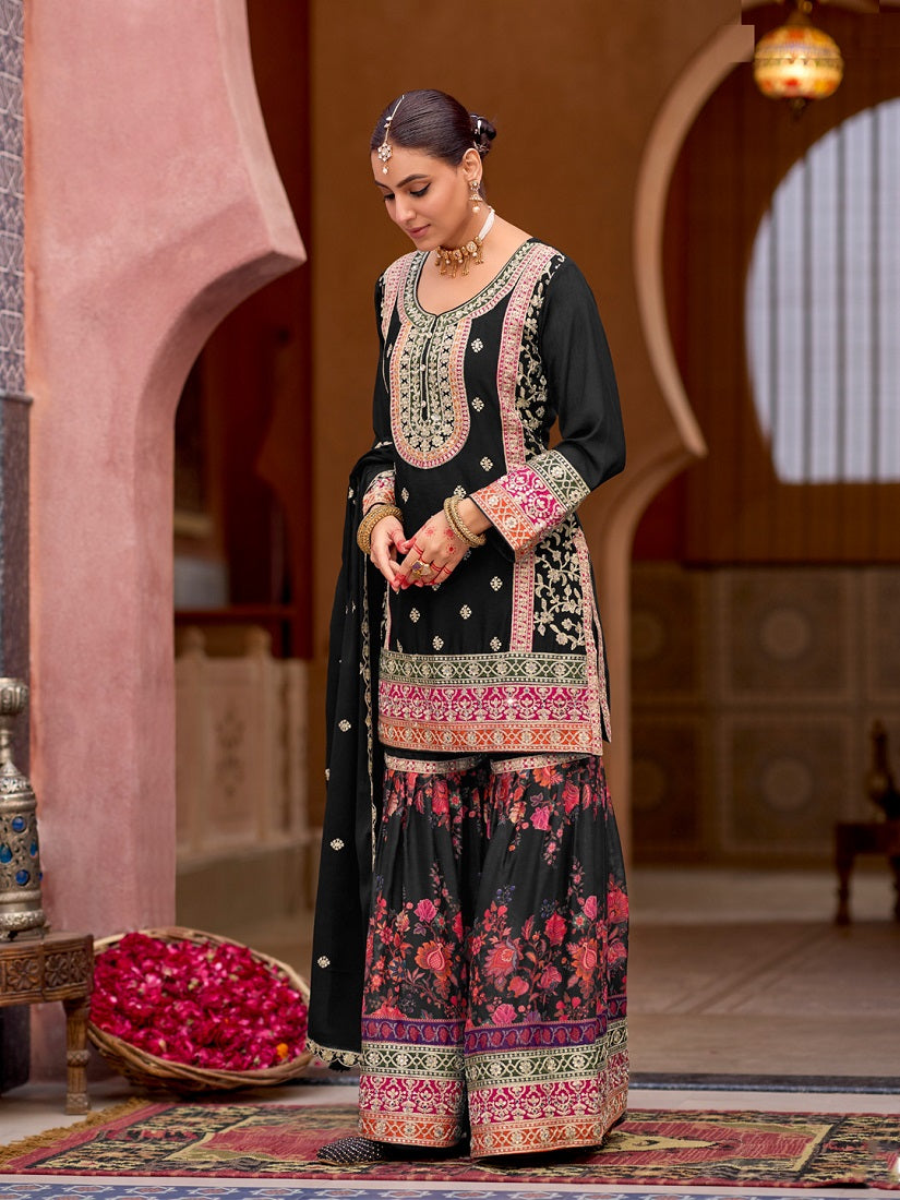 Black Chinon Silk with Codding Embroidery work with Digital Print Sharara Suit