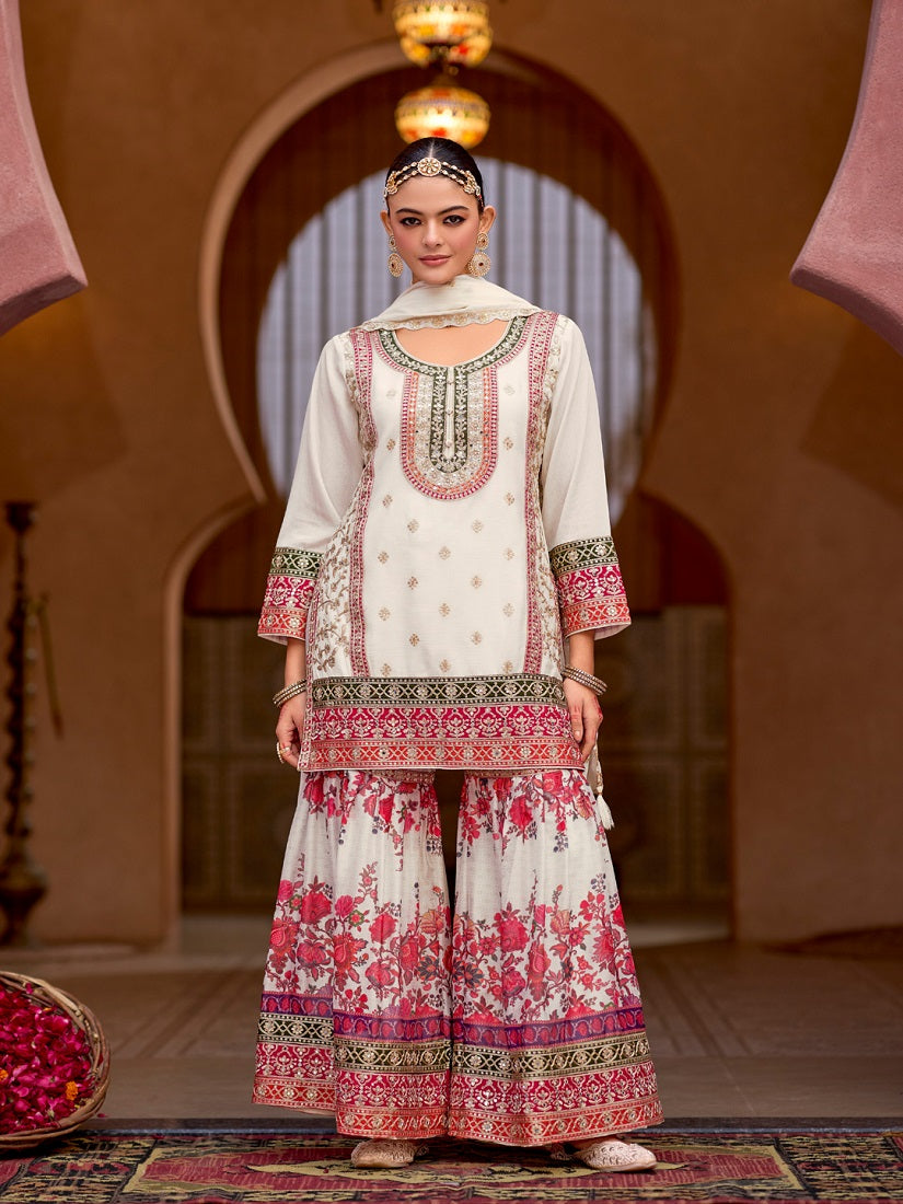 White Chinon Silk with Codding Embroidery work with Digital Print Sharara Suit