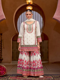 White Chinon Silk with Codding Embroidery work with Digital Print Sharara Suit