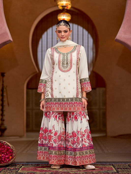White Chinon Silk with Codding Embroidery work with Digital Print Sharara Suit