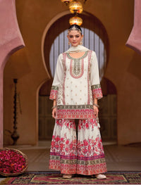 White Chinon Embroidered Readymade Salwar Suit (Free Size)