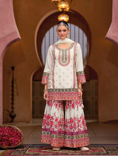 White Chinon Embroidered Readymade Salwar Suit (Free Size)