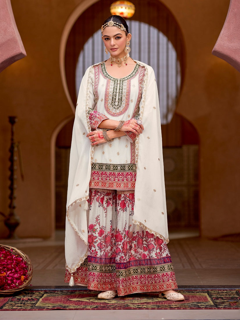 White Chinon Silk with Codding Embroidery work with Digital Print Sharara Suit