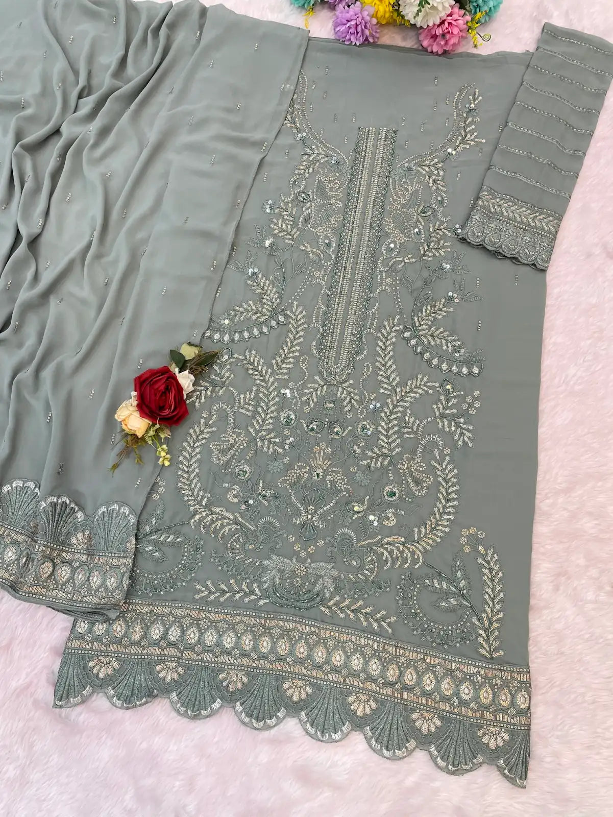 Sky Blue Fox Georgette Semi Stiutched Suit with Embroidery Sequenc & Khatli Work