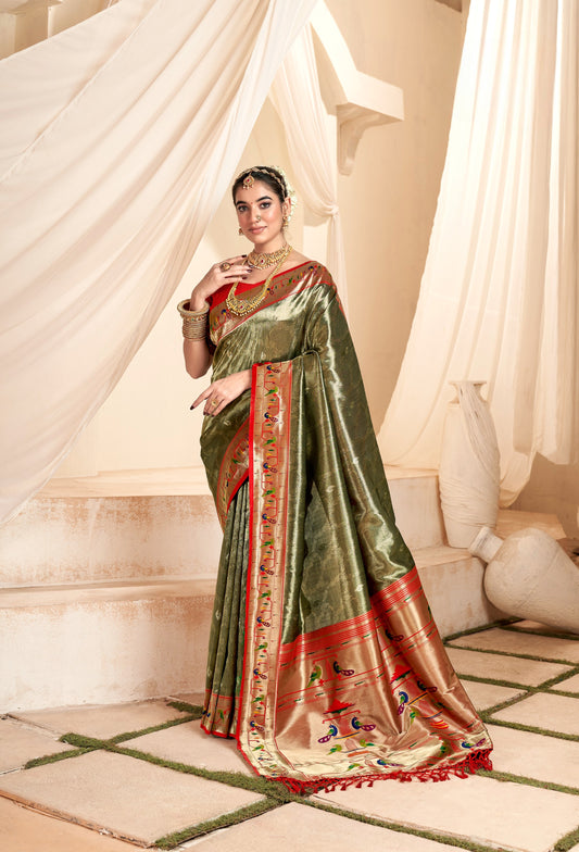 Mehendi Designer Weaving Pure Paithani Tissue Silk Saree With Blouse