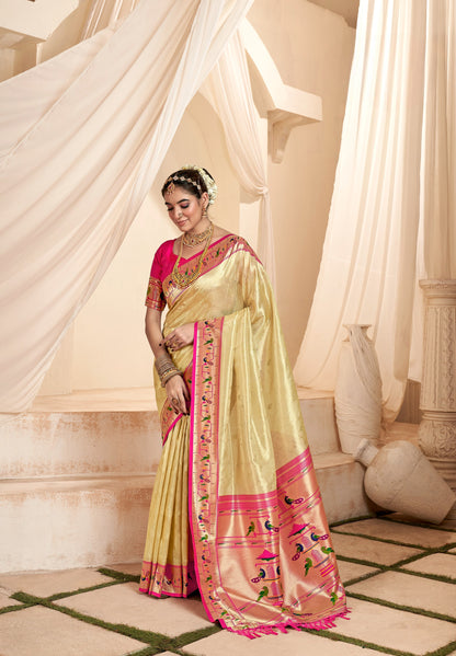 Cream Designer Weaving Pure Paithani Tissue Silk Saree With Blouse