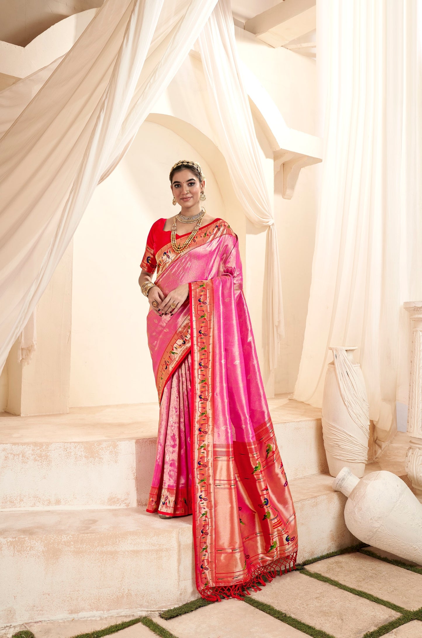 Pink Designer Weaving Pure Paithani Tissue Silk Saree With Blouse